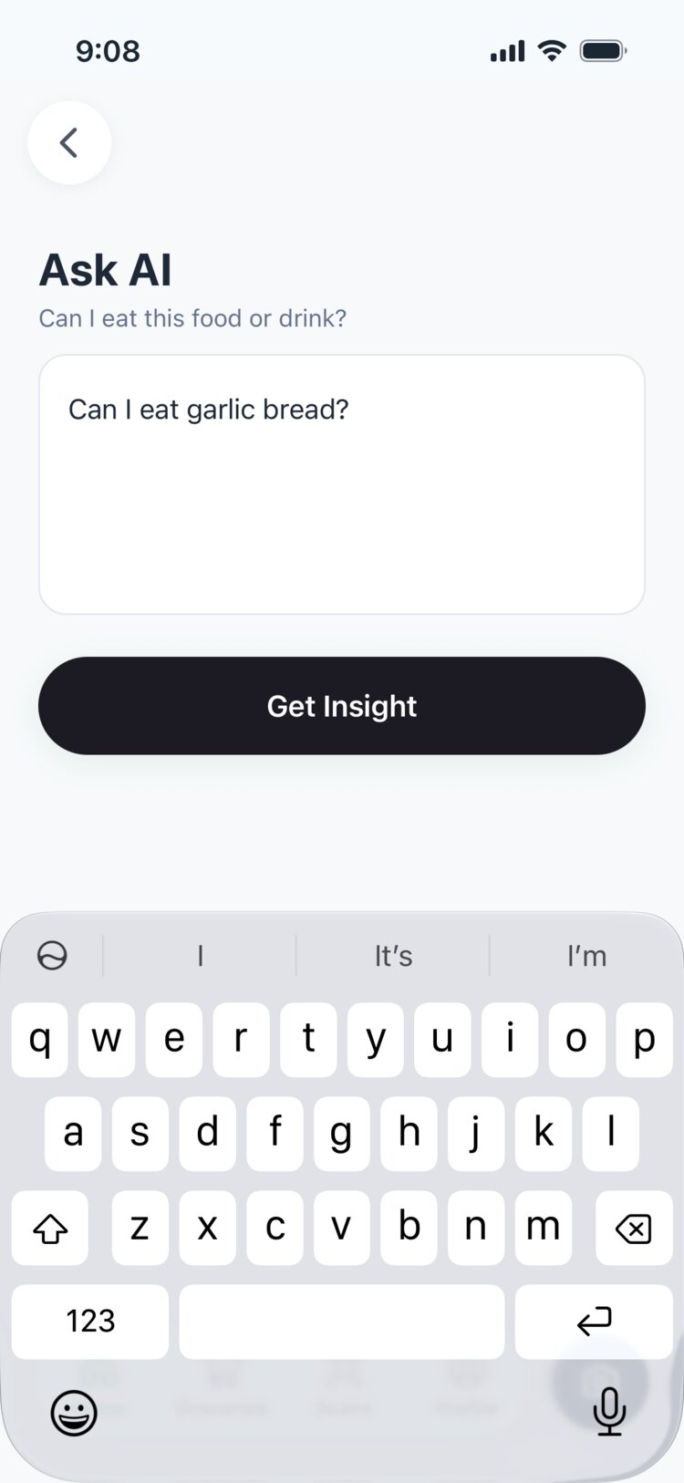 Ask AI screen answering whether a food is low FODMAP