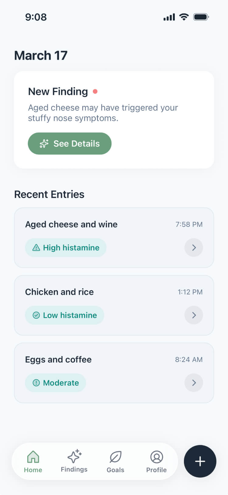FODMAP Tracker app - Track your day screen