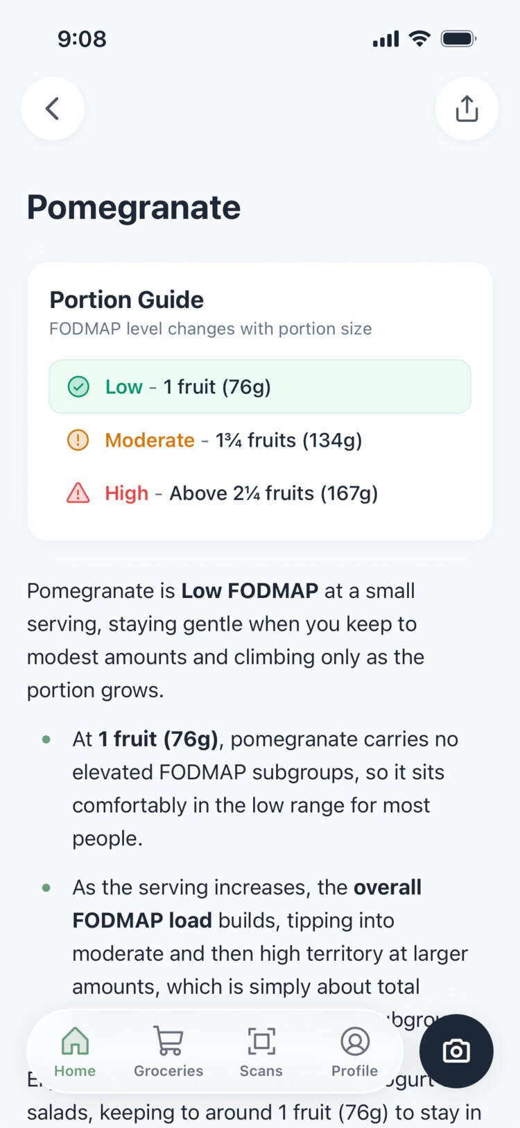 Portion Guide showing how a food's FODMAP level changes with serving size