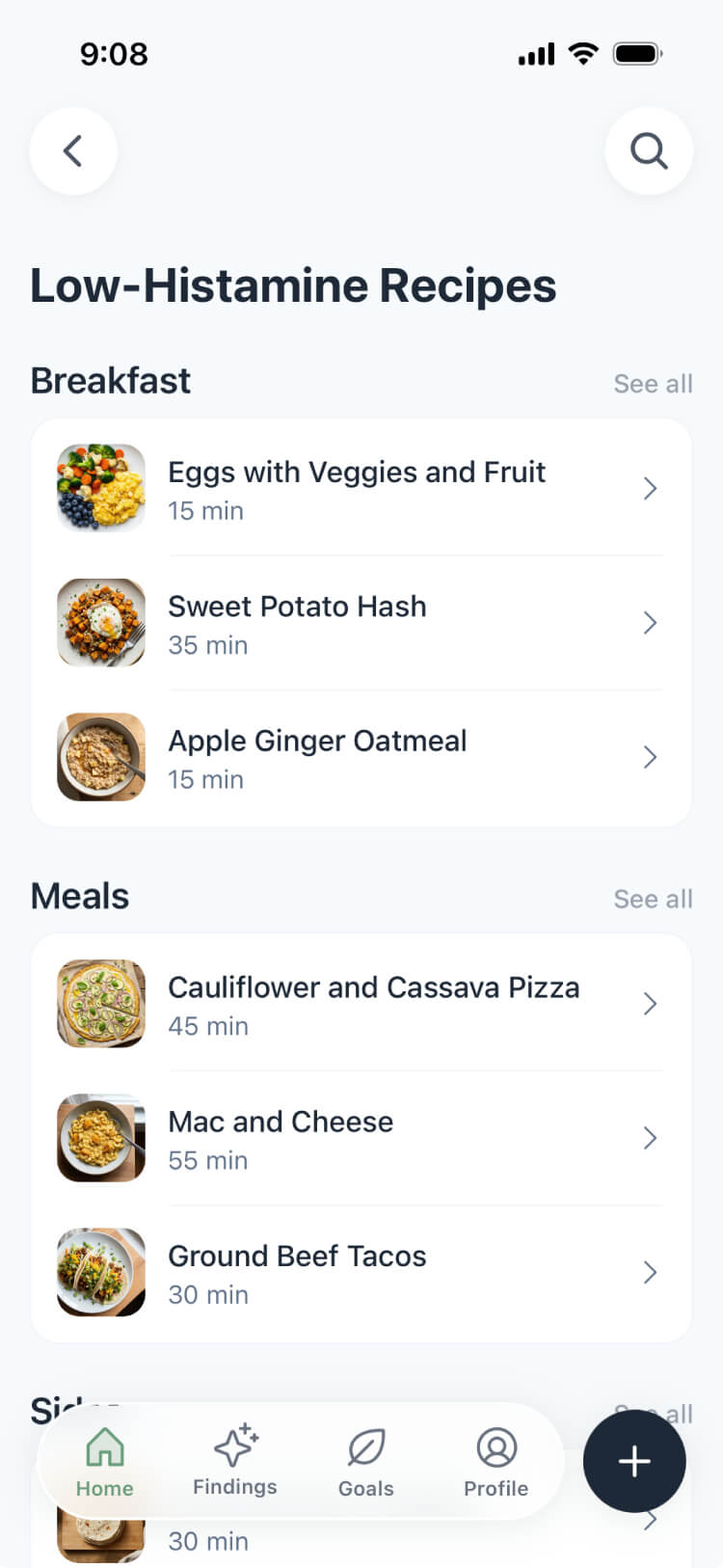 Low-FODMAP meal ideas organized by category