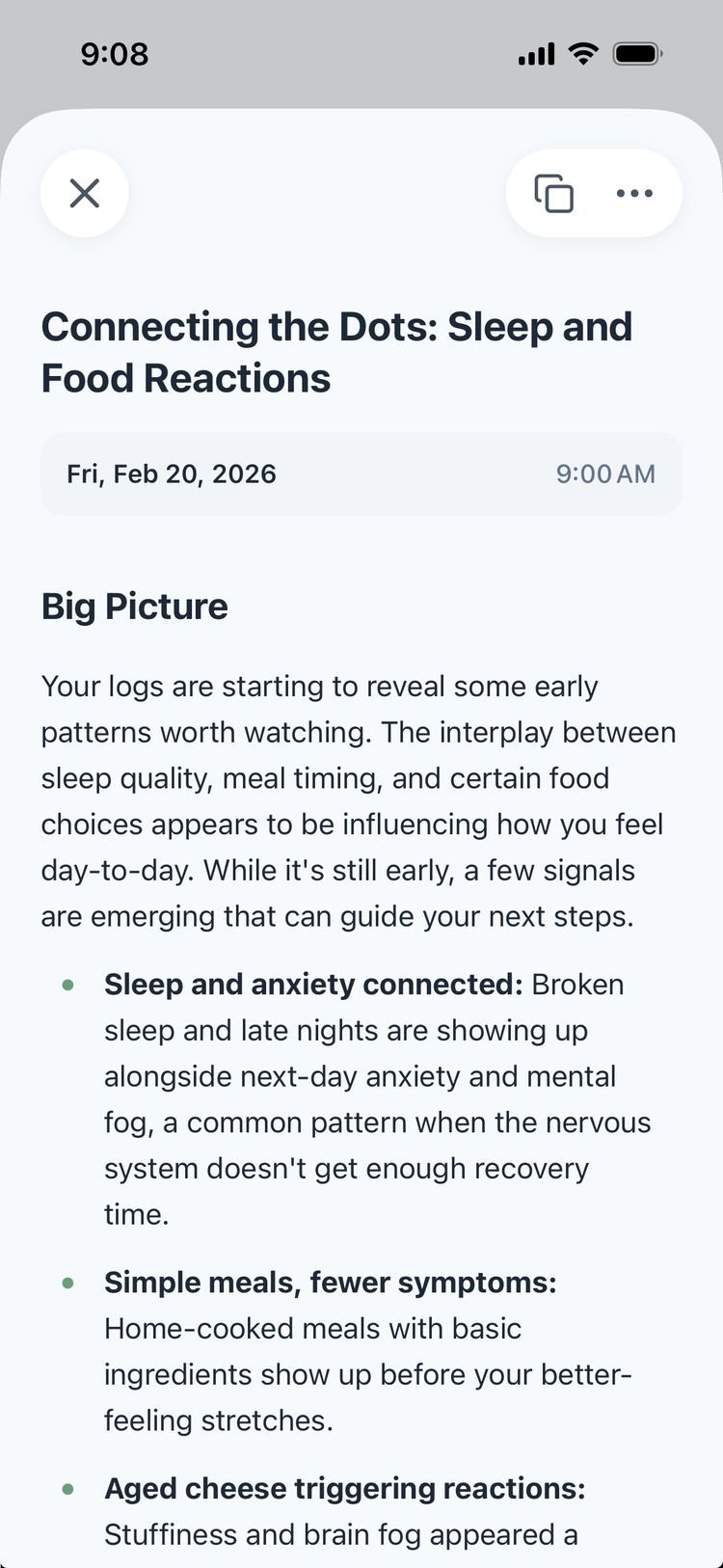 AI-generated insight report connecting food and symptoms